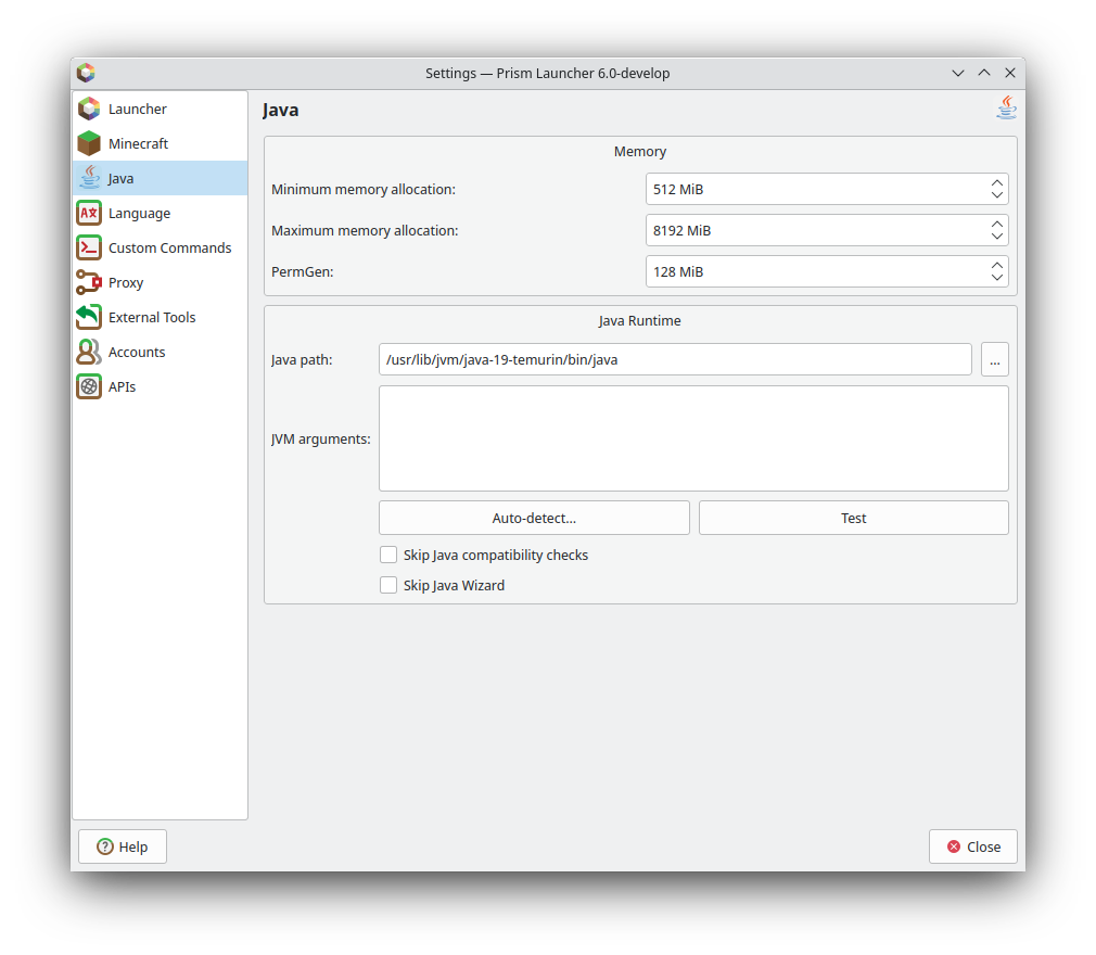 Java tab under Prism Launcher settings